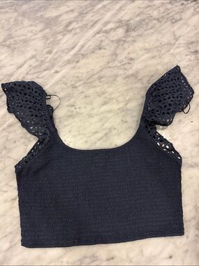 Women’s Navy Smocked Crop Top with Eyelet Sleeves
